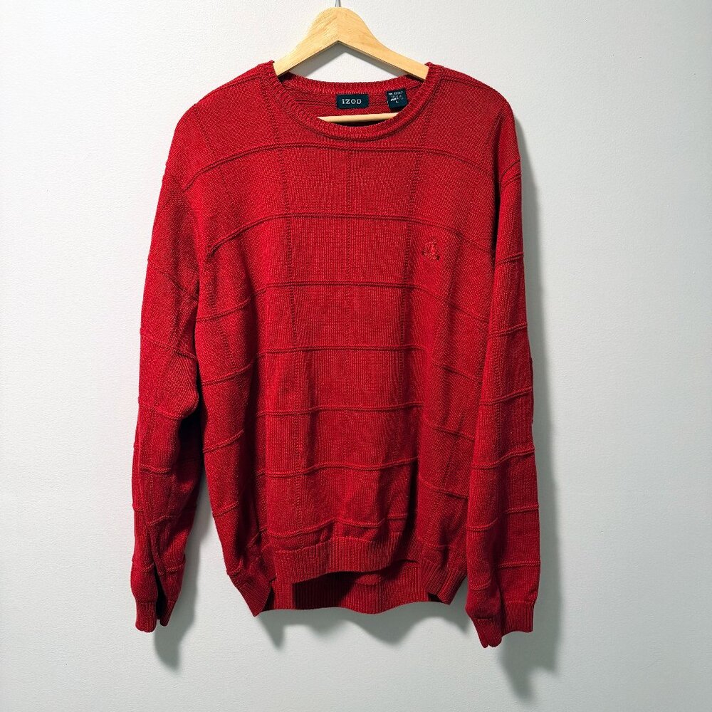 IZOD Red 100% Cotton Textured Grid Knit Sweater L - Vintage